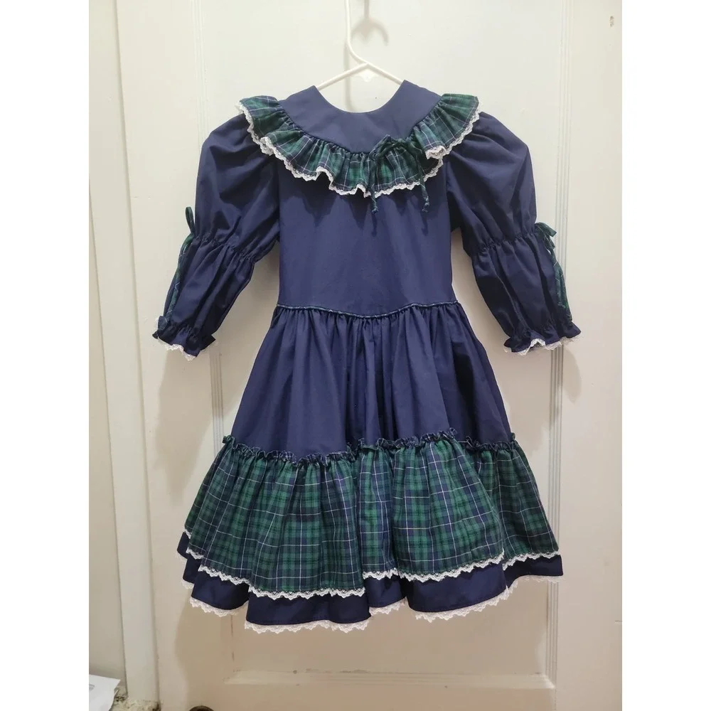 Vintage Mini World Provo Utah Girls 5 Navy Blue Lace Cottagecore Prairie Dress